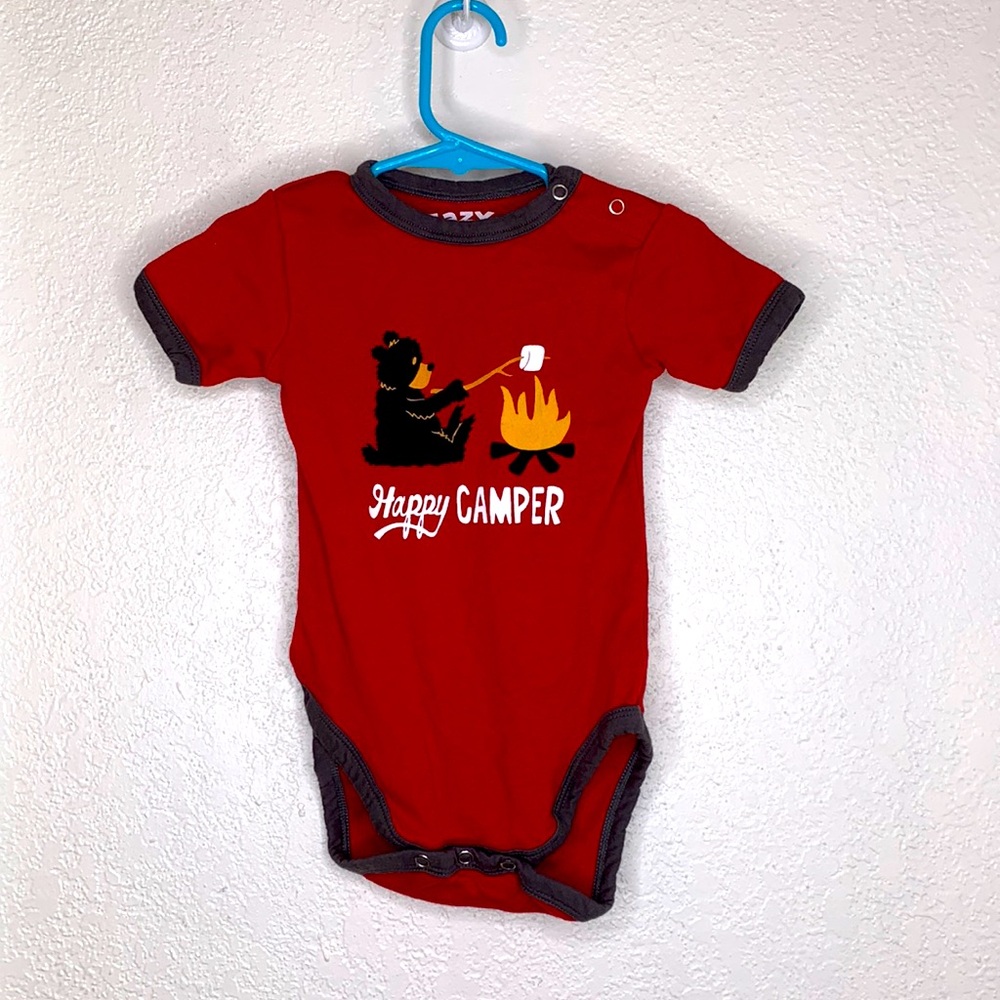 Lazy One Happy Camper Take a Hike red onesie short sleeve Creeper snap closure